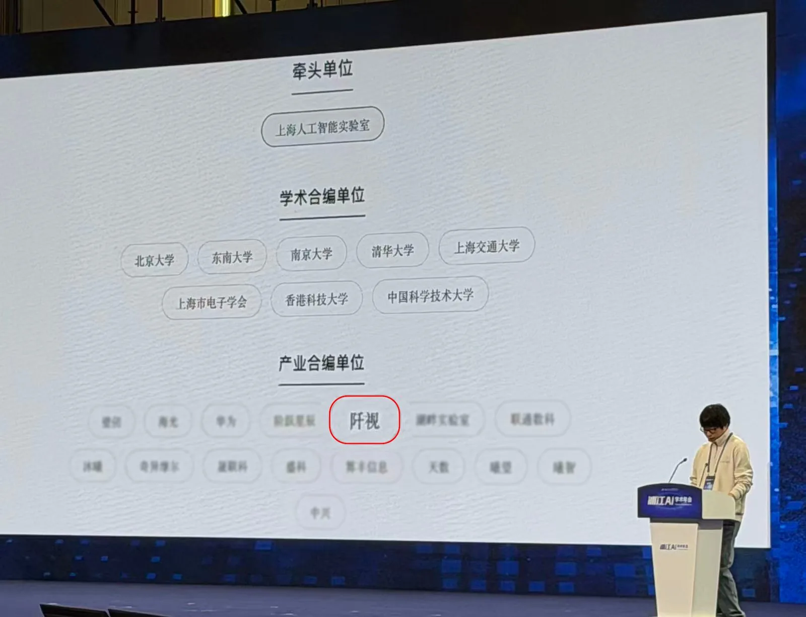 第二届浦江 AI 学术年会现场，白皮书产业合编单位名单